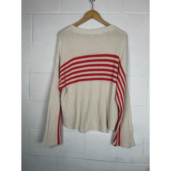 Aerie Coral Stripe Cream Knit Sweater Small Oversized Slouchy High Low Coastal - Picture 2 of 8